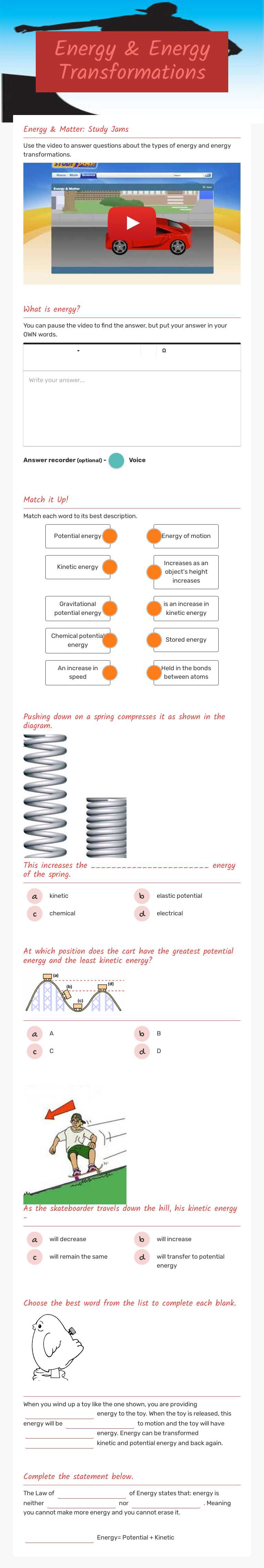 Energy & Energy Transformations worksheet preview image