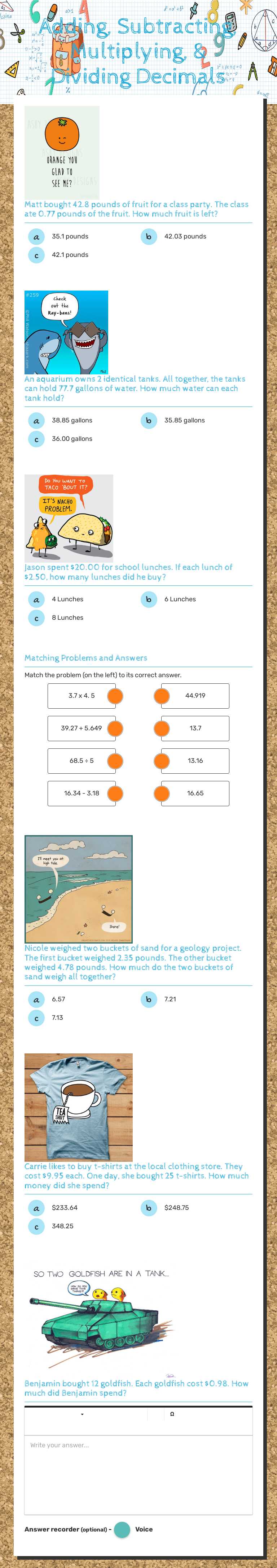 Adding, Subtracting, Multiplying, & Dividing Decimals worksheet preview image