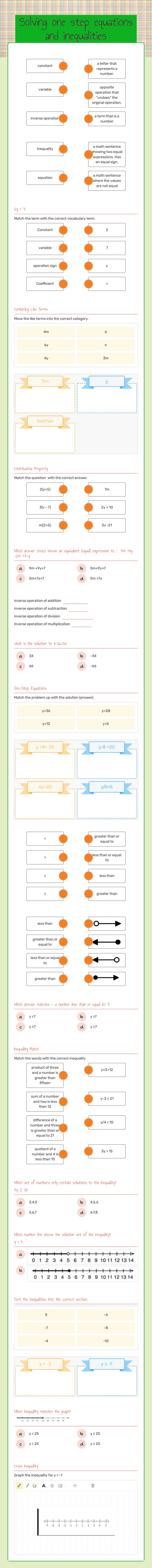 Solving one step equations and inequalities worksheet preview image