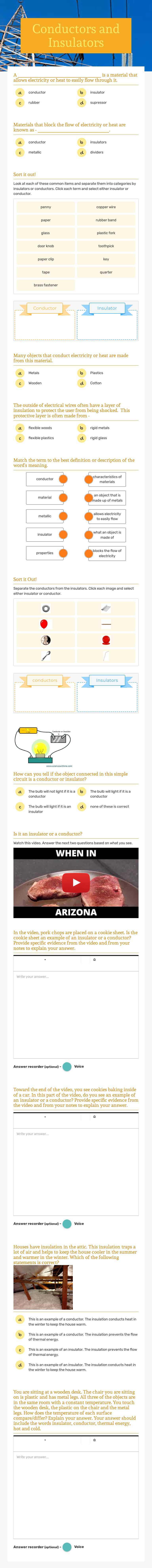 Conductors and Insulators Grade 6 worksheet preview