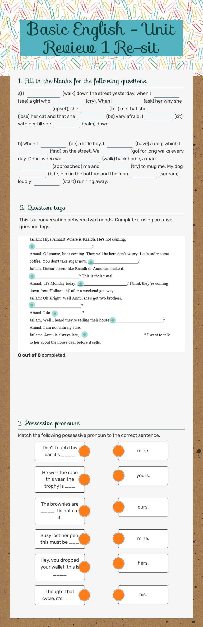 Basic English - Unit Review 1 Re-sit worksheet preview image