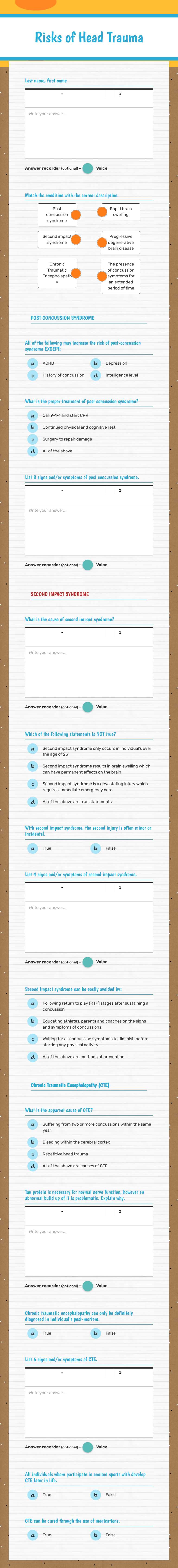 Risks of Head Trauma worksheet preview image