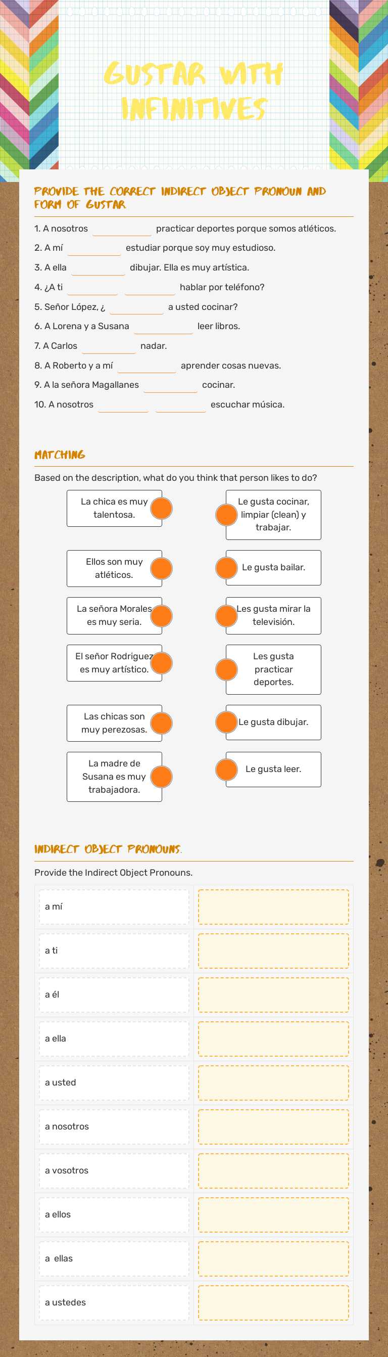 Gustar with Infinitives Grade 10 worksheet preview