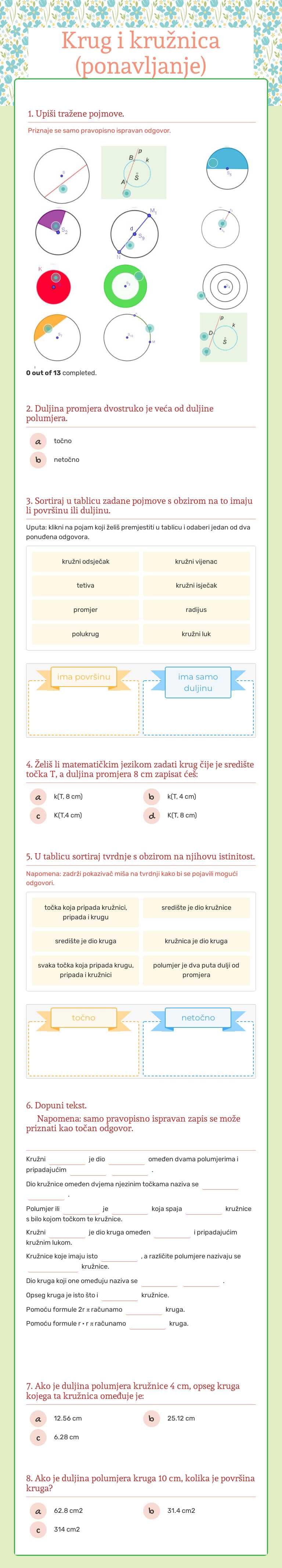 Krug i kružnica
(ponavljanje) worksheet preview image