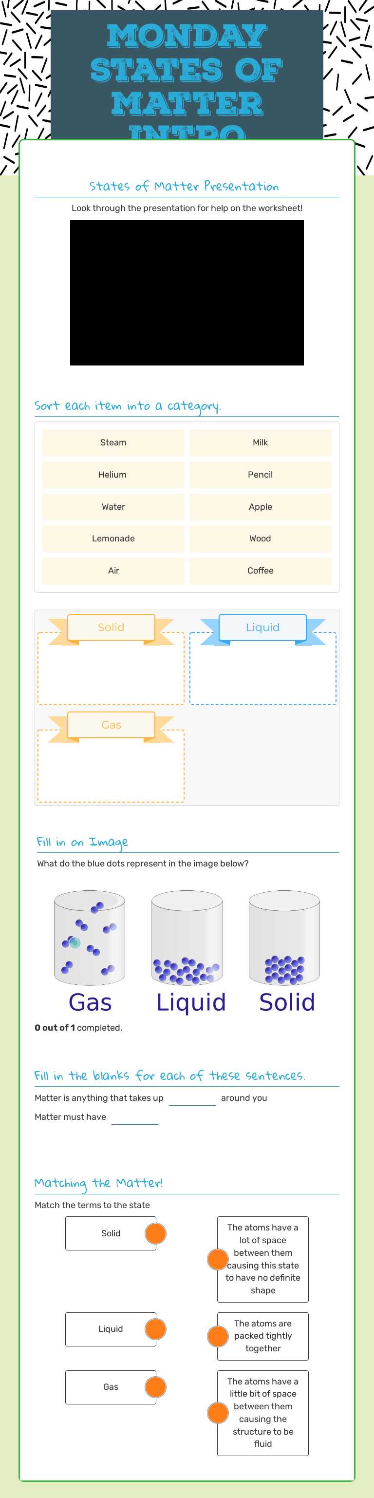 monday States Of Matter Intro worksheet preview image
