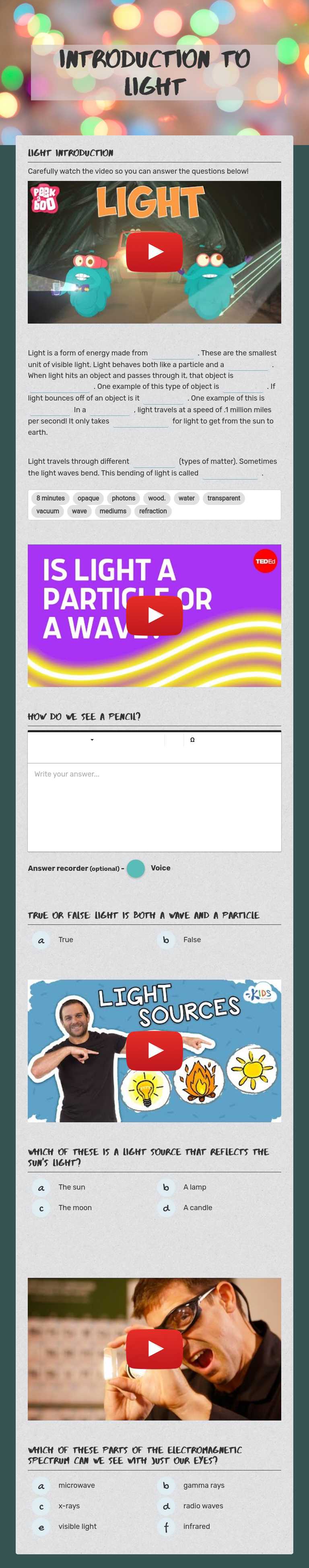 Introduction to Light worksheet preview image