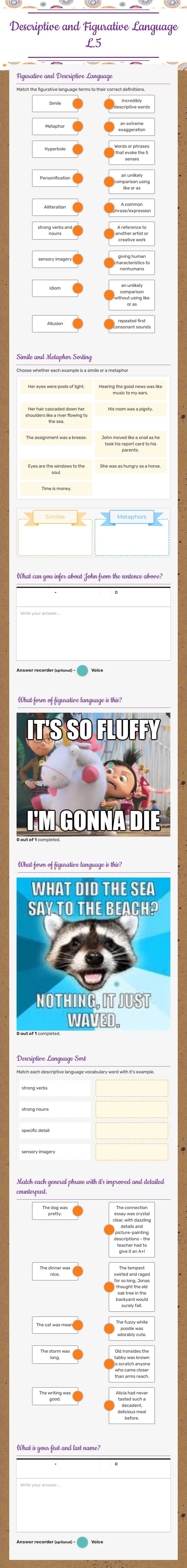 Descriptive and Figurative Language L.5 Grade 7 worksheet preview