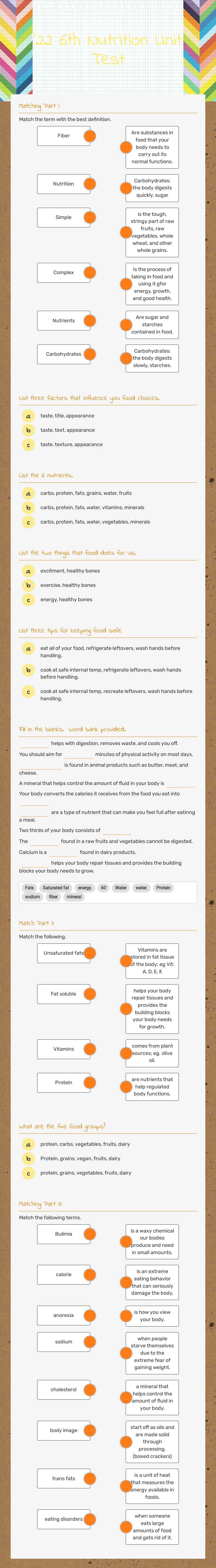 '22  6th Nutrition Unit Test worksheet preview image