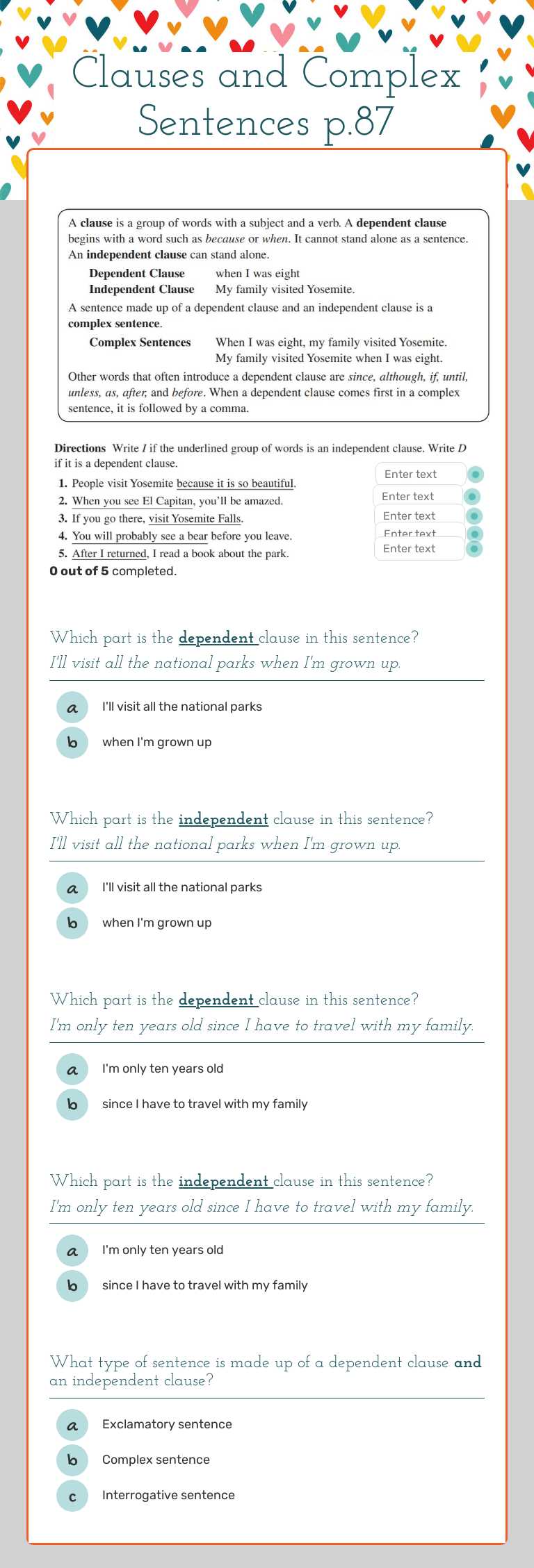 Clauses and Complex Sentences p.87 worksheet preview image