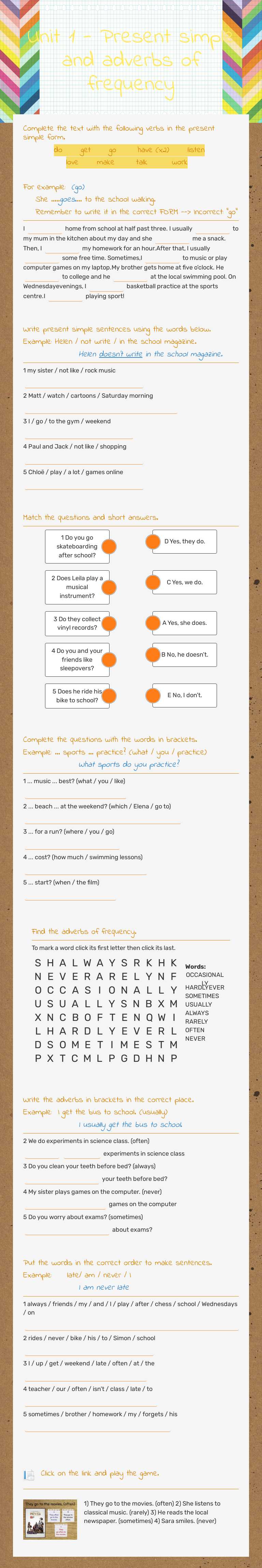 Unit 1 - Present simple and adverbs of frequency worksheet preview image