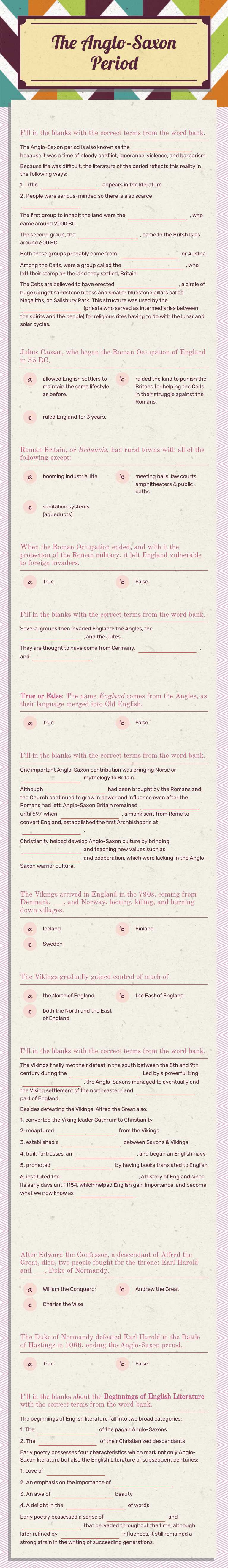 The Anglo-Saxon Period Grade 12 worksheet preview