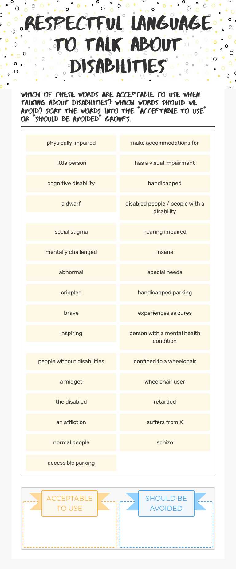 respectful language to talk about disabilities worksheet preview image