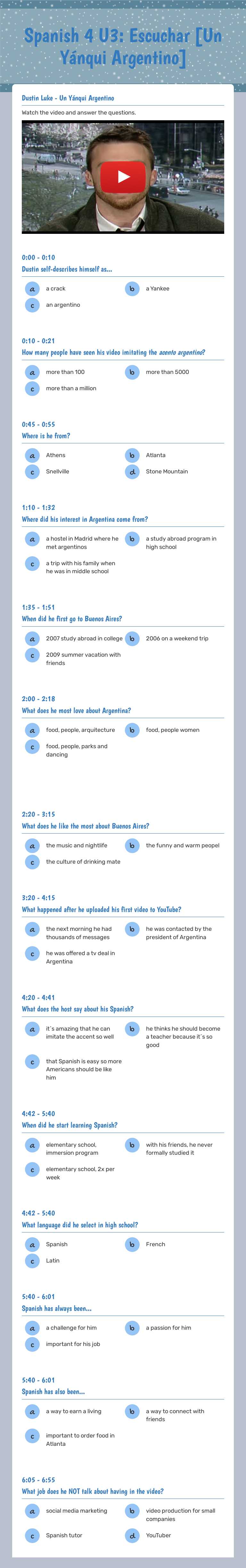 Spanish 4 U3: Escuchar [Un Yánqui Argentino] worksheet preview image