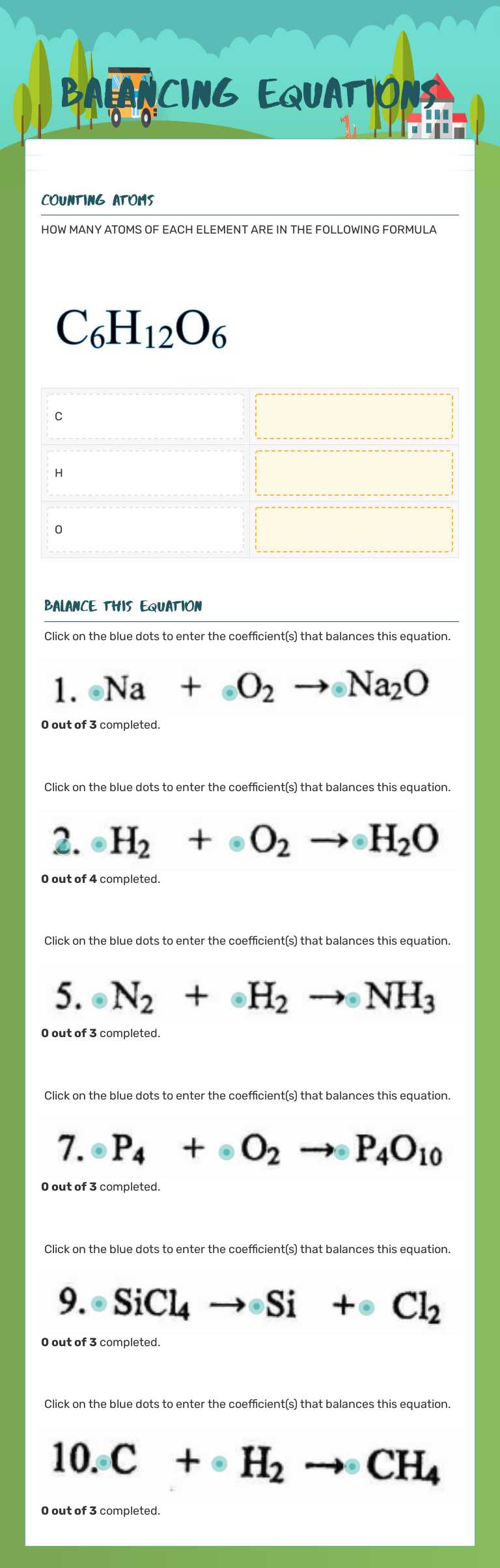 Balancing equations worksheet preview image
