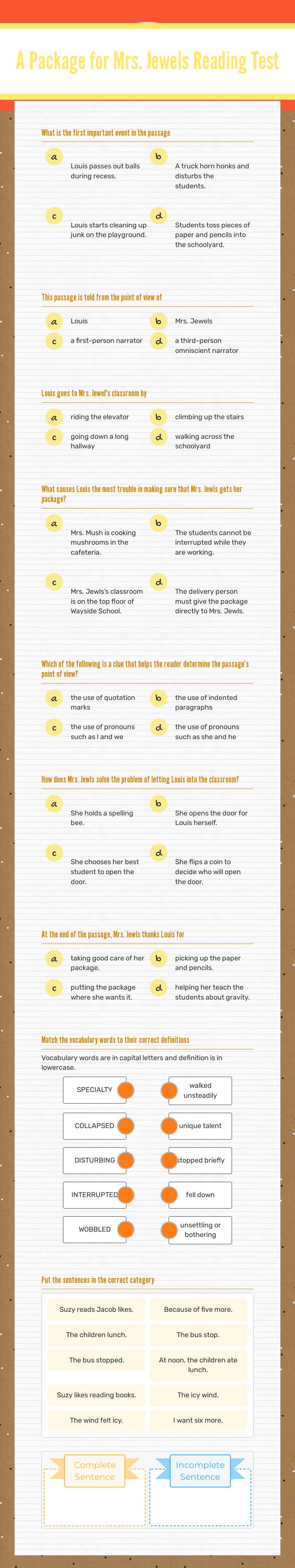 A Package for Mrs. Jewels
Reading Test worksheet preview image