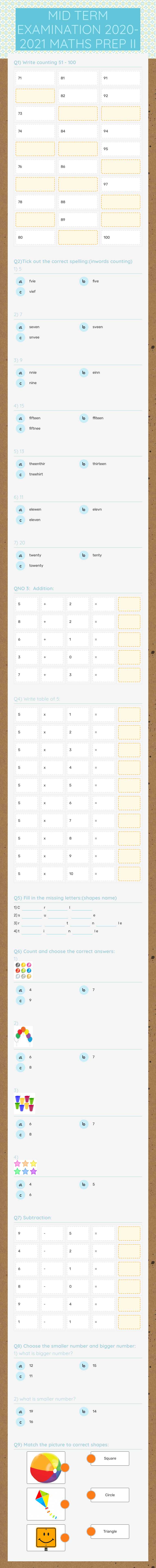 MID TERM EXAMINATION  2020-2021    
 MATHS PREP II Preschool worksheet preview