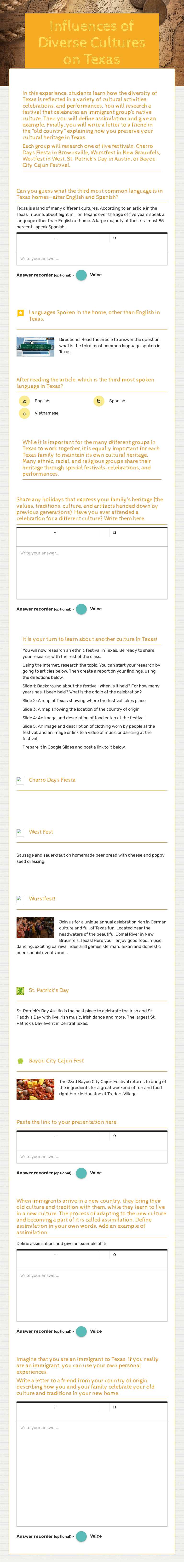 Influences of Diverse Cultures on Texas worksheet preview image