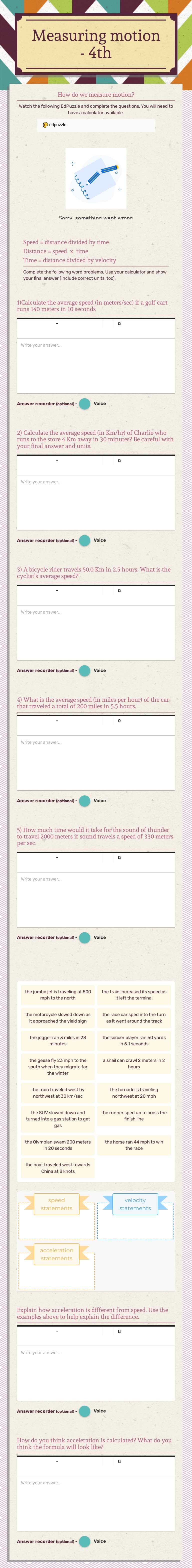 Measuring motion - 4th worksheet preview image