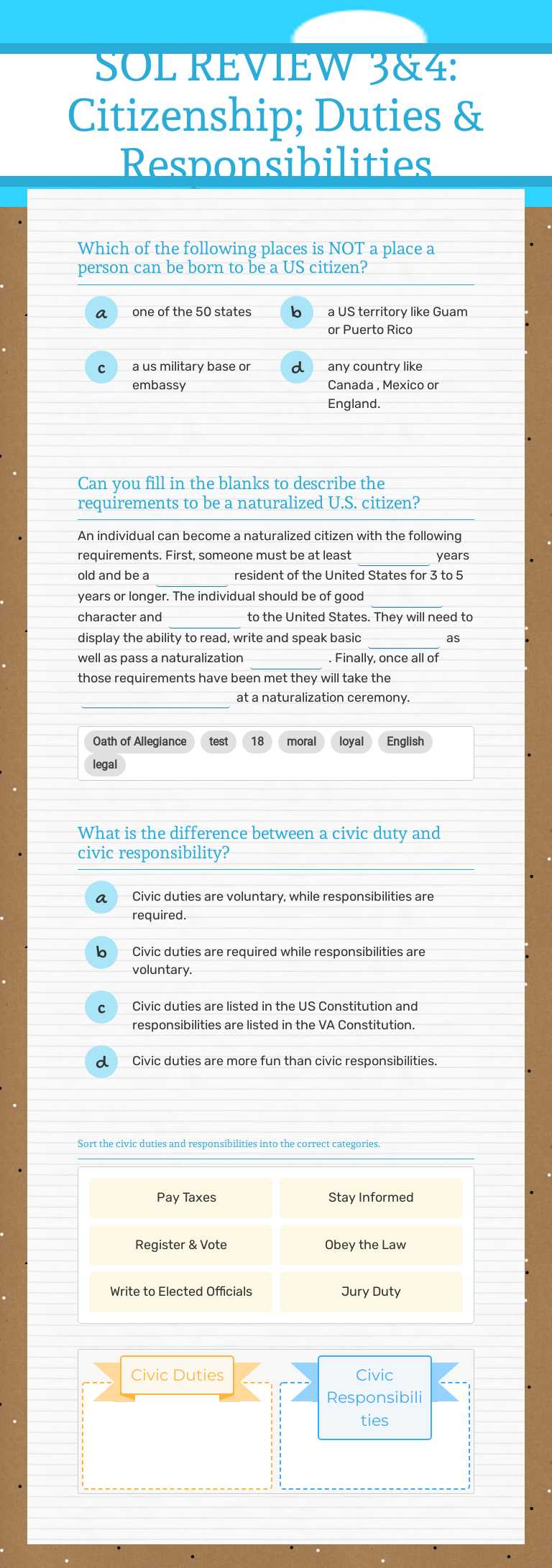 SOL REVIEW 3&4: 
Citizenship; Duties & Responsibilities Grade 6 worksheet preview