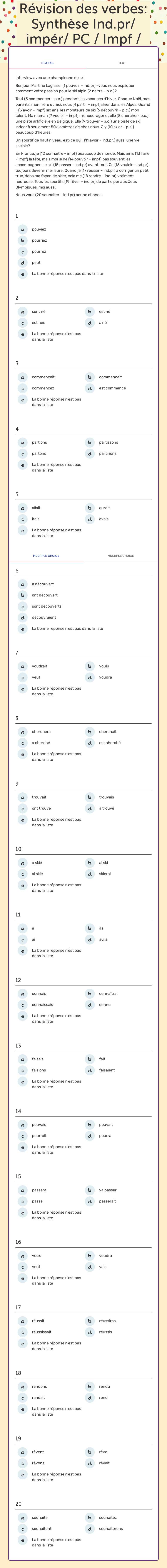 Révision des verbes: Synthèse Ind.pr/ impér/ PC / Impf / P.réc / Fs / Fp / Cp worksheet preview image
