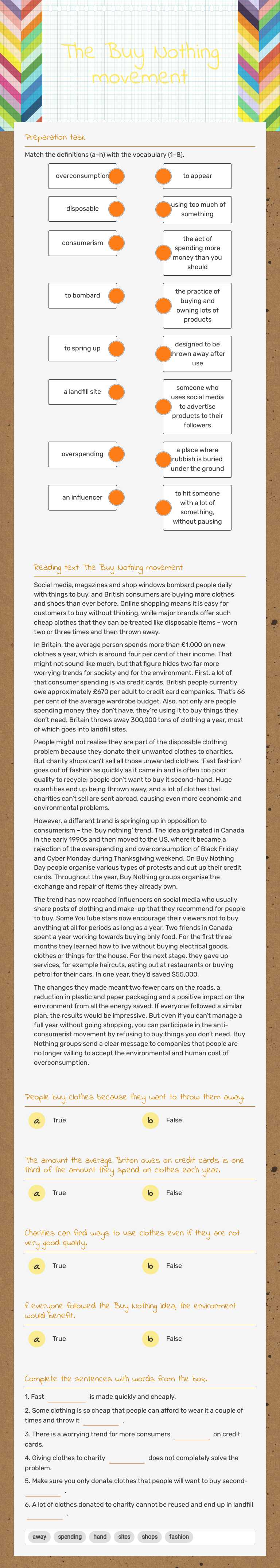 The Buy Nothing movement worksheet preview image