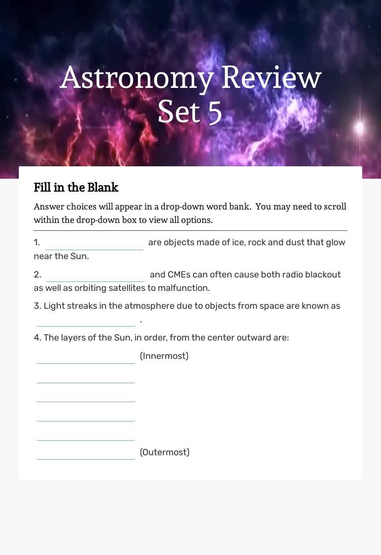 Astronomy Review     Set 5 Grade 6 worksheet preview