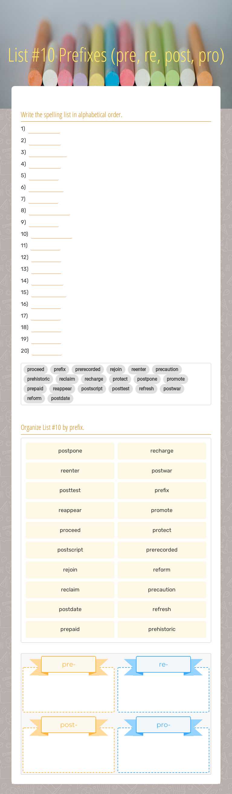 List #10 Prefixes    (pre, re, post, pro) worksheet preview image