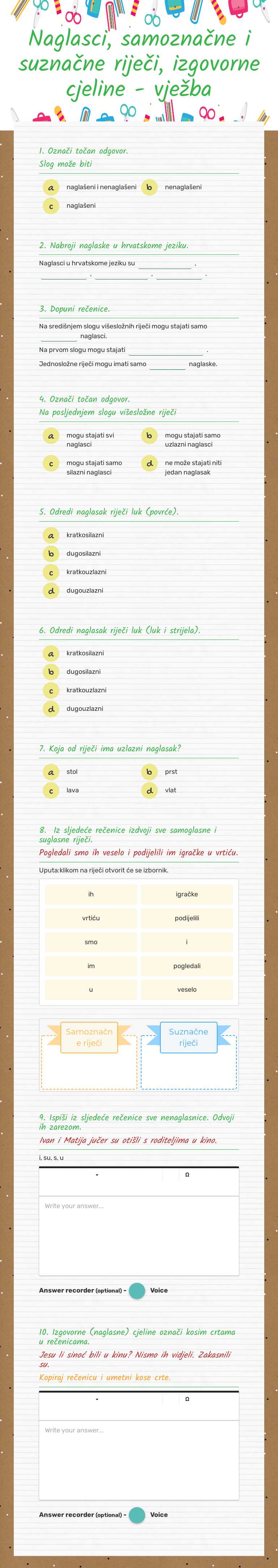Naglasci, samoznačne i suznačne riječi, izgovorne cjeline - vježba Grade 7 worksheet preview