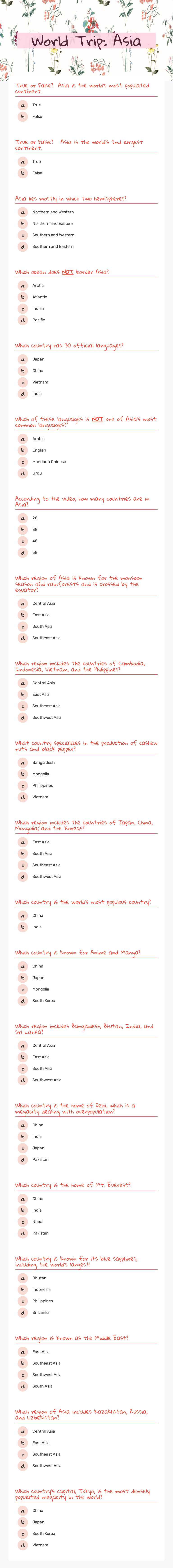 World Trip: Asia worksheet preview image