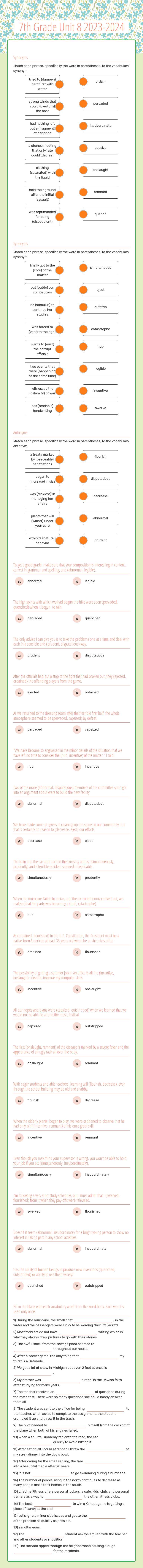 7th Grade Unit 8  2023-2024 Grade 7 worksheet preview