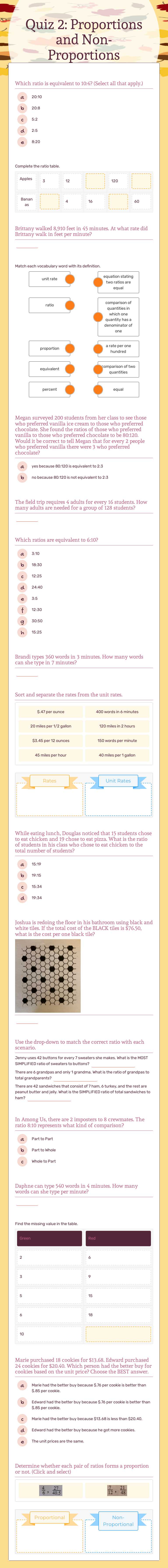 Quiz 2: Proportions and Non-Proportions worksheet preview image