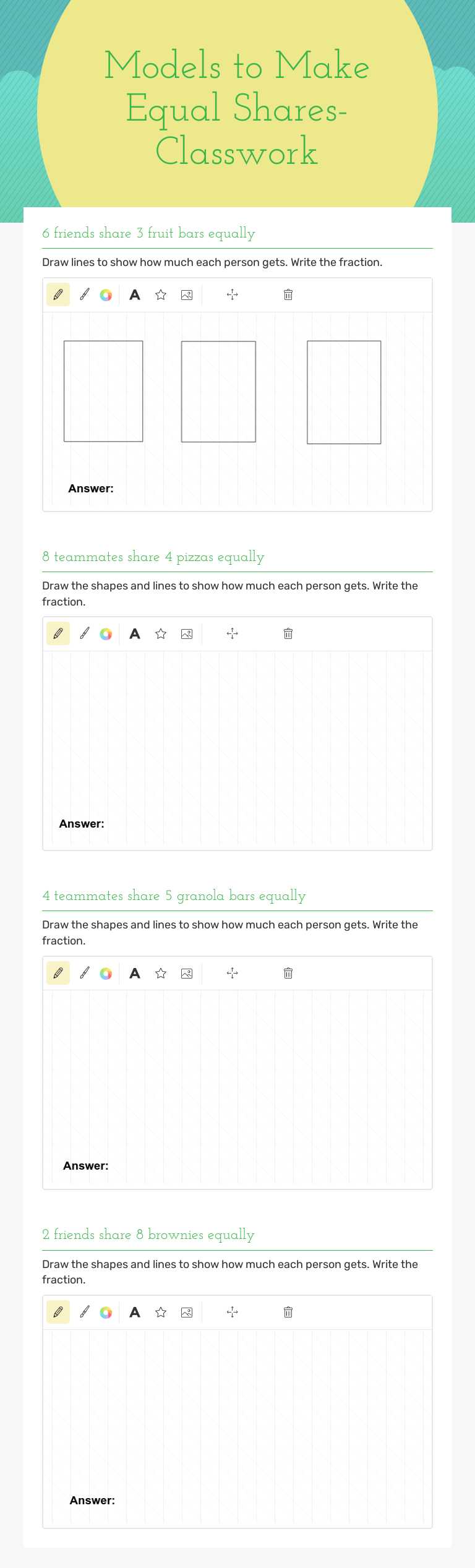 Models to Make Equal Shares- Classwork worksheet preview image