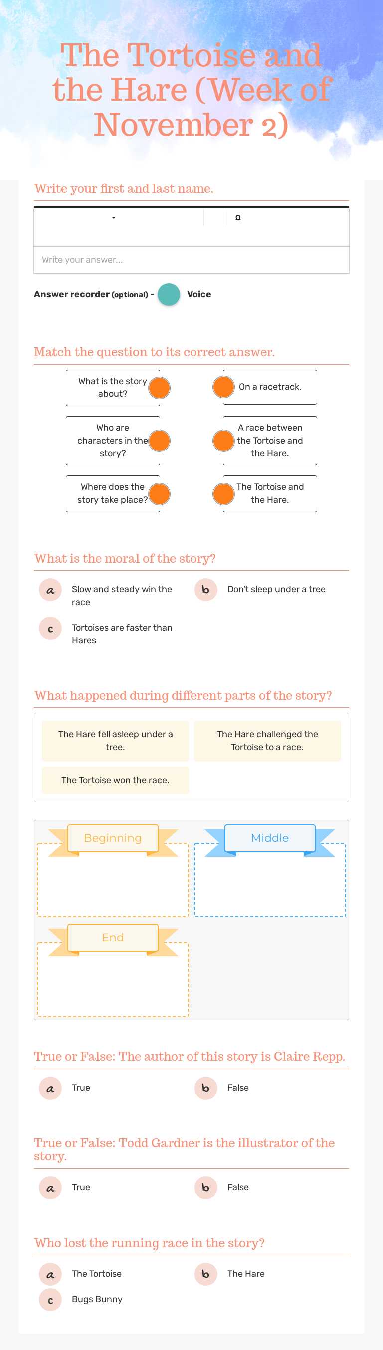 The Tortoise and the Hare (Week of November 2) worksheet preview image