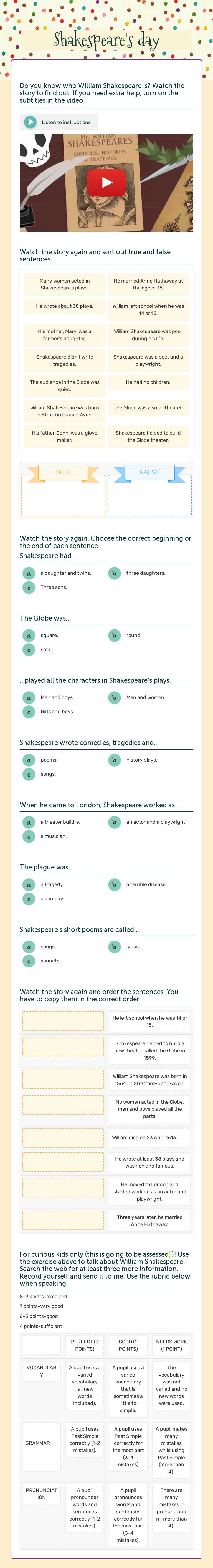 Shakespeare's day worksheet preview image