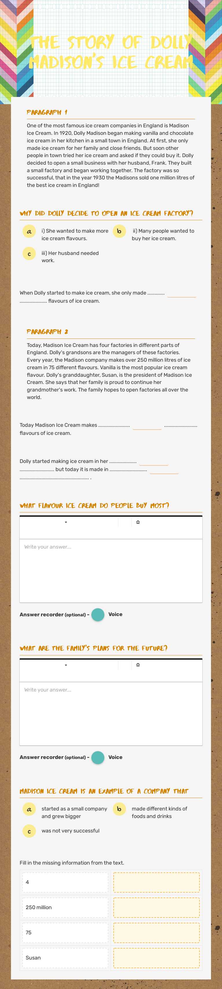The Story Of Dolly madison's ice cream worksheet preview image