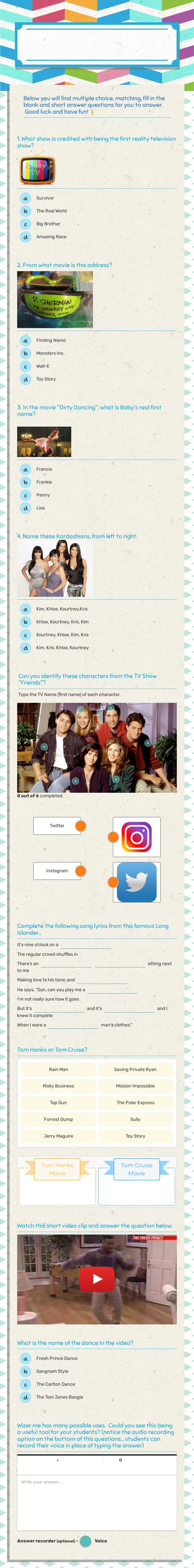 Pop Culture Trivia worksheet preview image