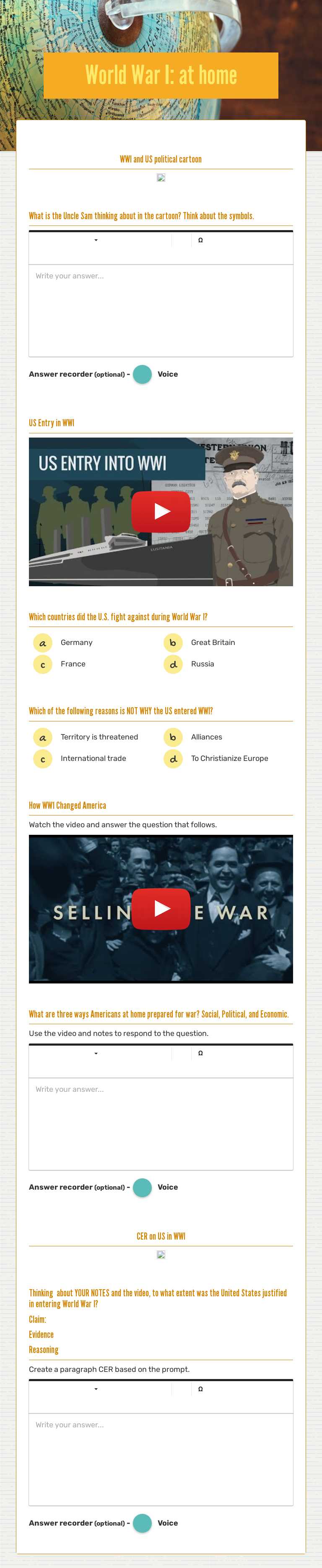 World War I: at home worksheet preview image