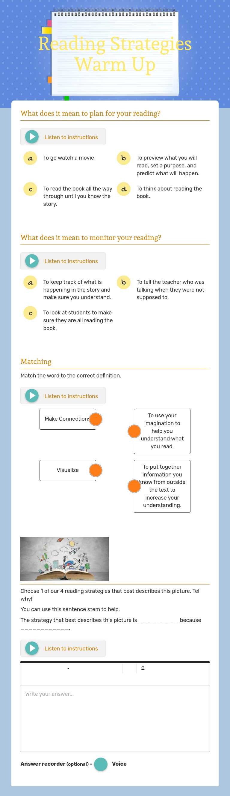 Reading Strategies Warm Up worksheet preview image