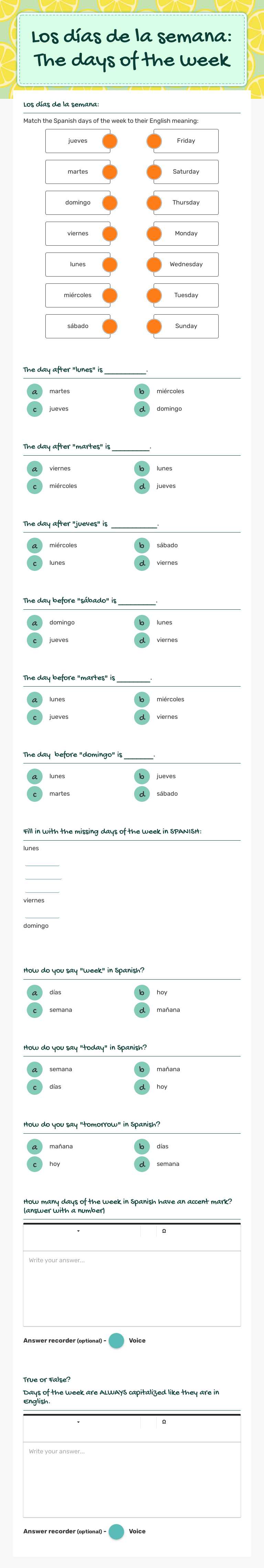 Los días de la semana:  The days of the week Grade 8 worksheet preview
