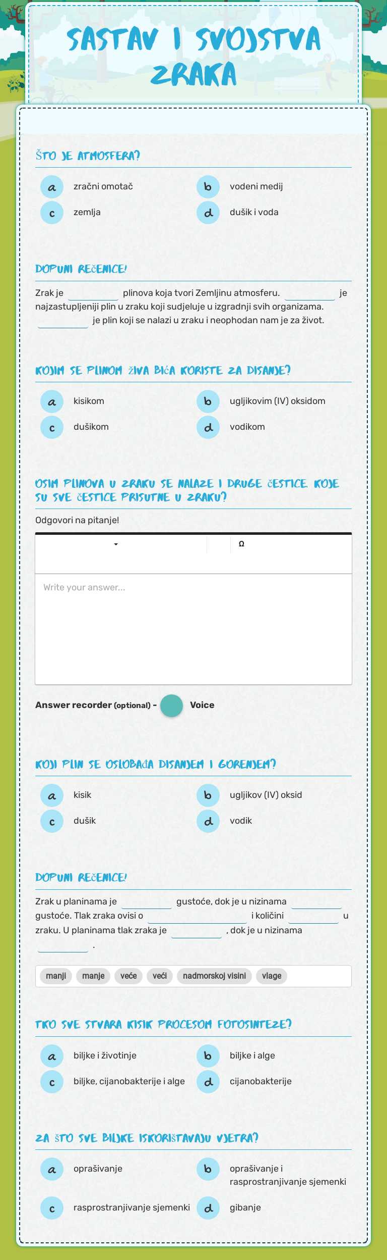 Sastav i svojstva zraka Grade 5 worksheet preview
