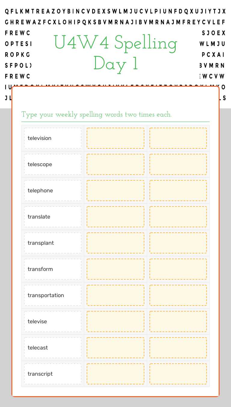 U4W4 Spelling Day 1 worksheet preview image