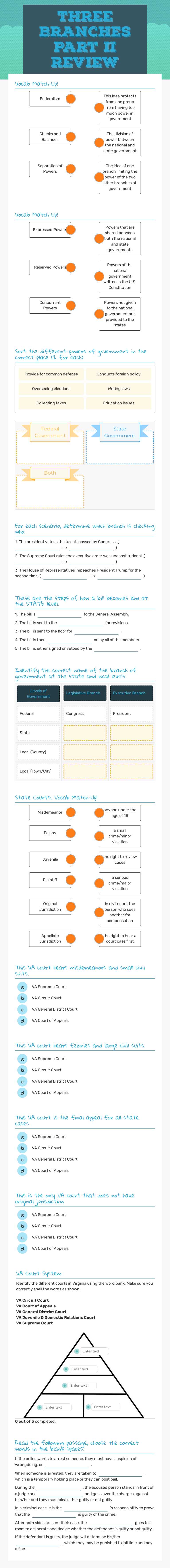 Three Branches Part II Review worksheet preview image