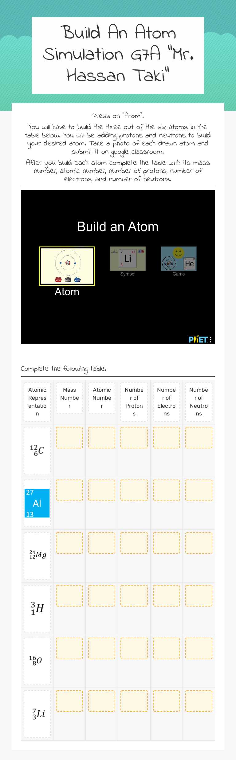 Build An Atom Simulation G7A   "Mr. Hassan Taki" Grade 7 worksheet preview