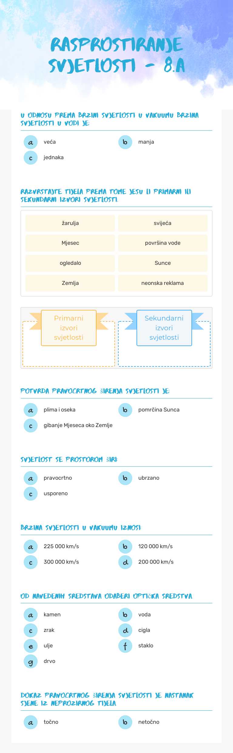 RASPROSTIRANJE SVJETLOSTI - 8.a worksheet preview image