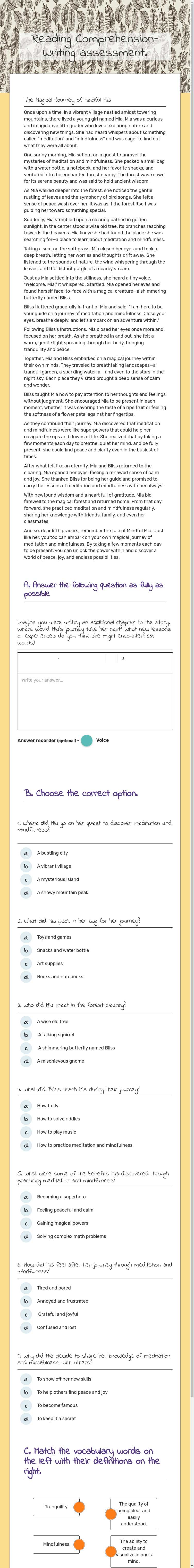 Reading Comprehension- Writing assessment. worksheet preview image