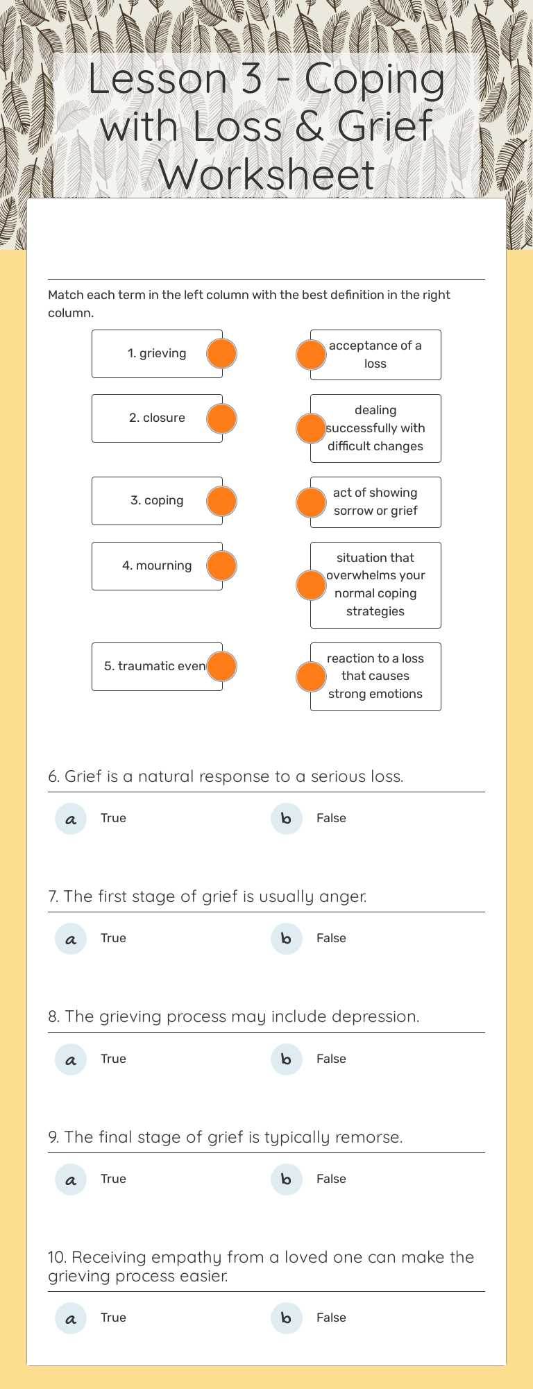 Lesson 3 - Coping with Loss & Grief Worksheet worksheet preview image