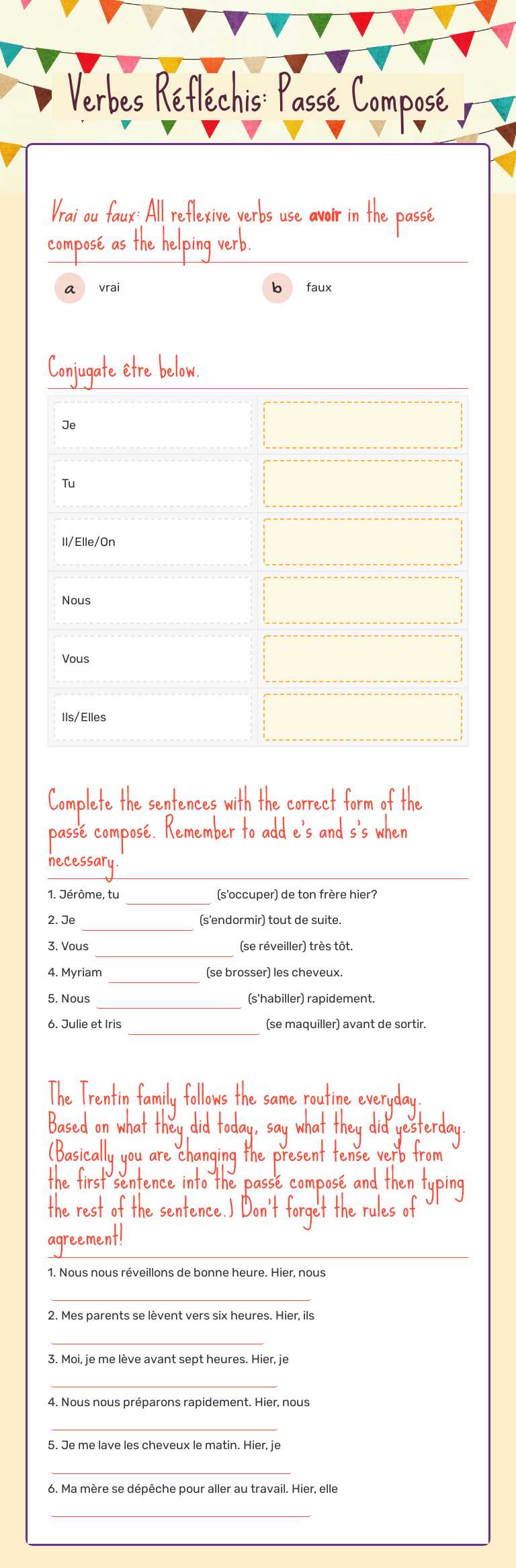 Verbes Réfléchis: Passé Composé worksheet preview image