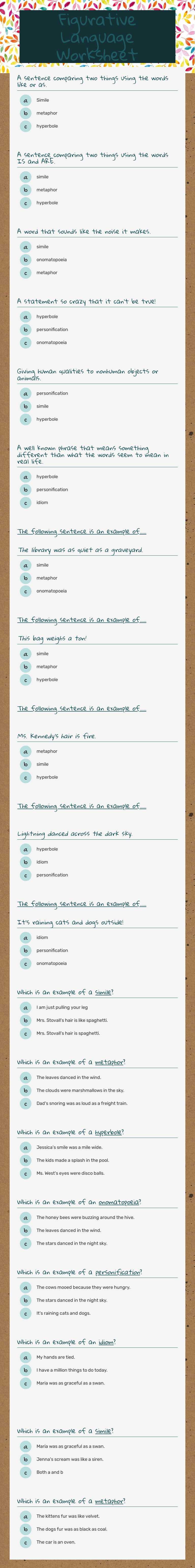 Figurative Language Worksheet worksheet preview image