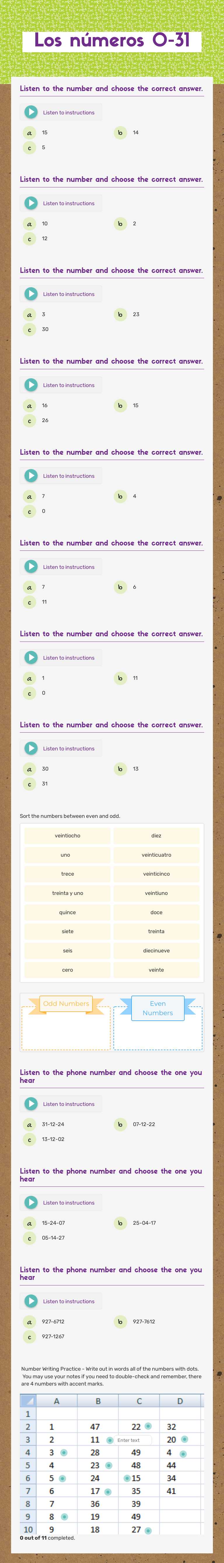 Los números 0-31 worksheet preview image