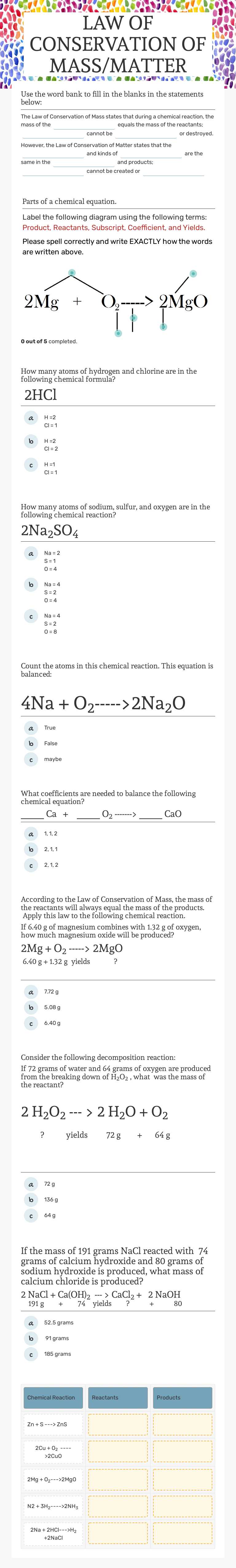 LAW OF CONSERVATION OF MASS/MATTER worksheet preview image